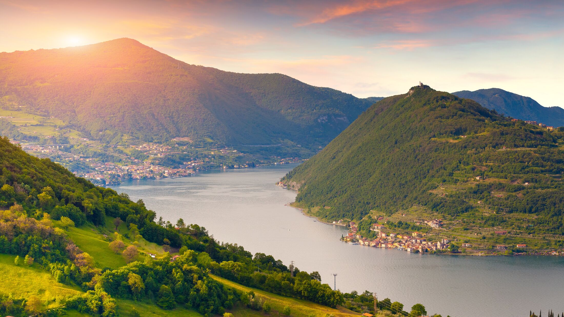 Colorful summer morning on? the Lake Iseo. Italy, Alps.