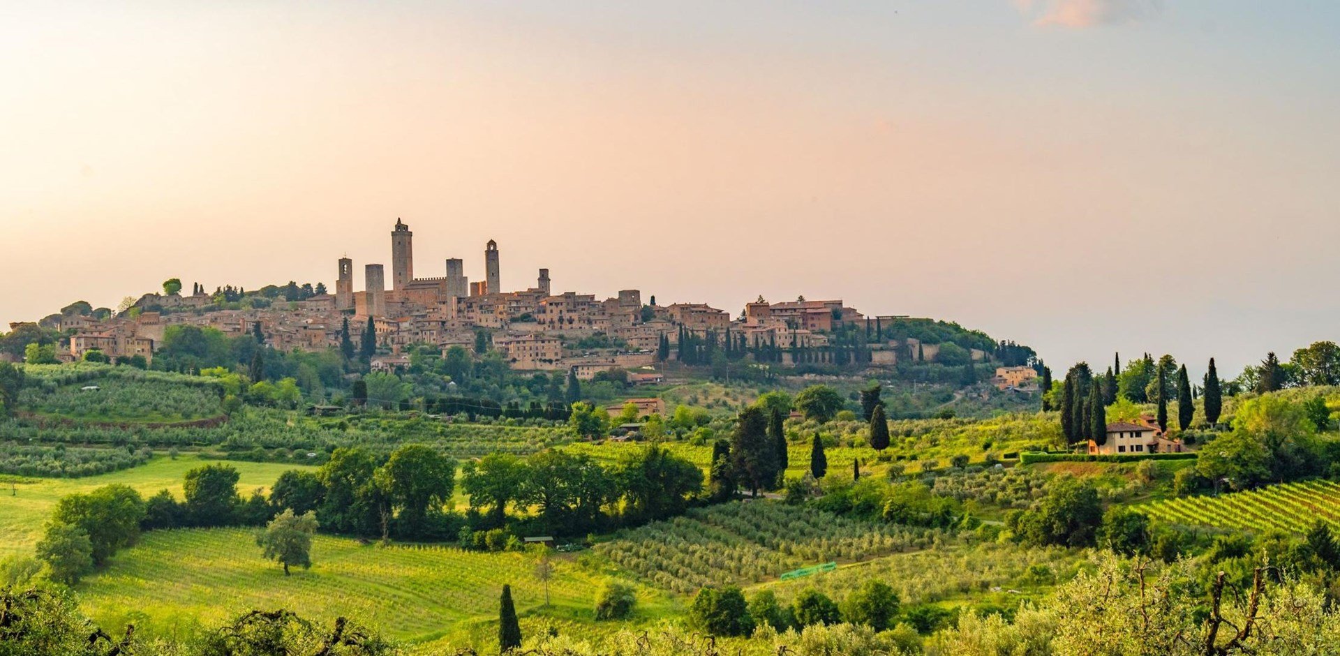 a castle on top of a lush green field with San Gimignano in the background